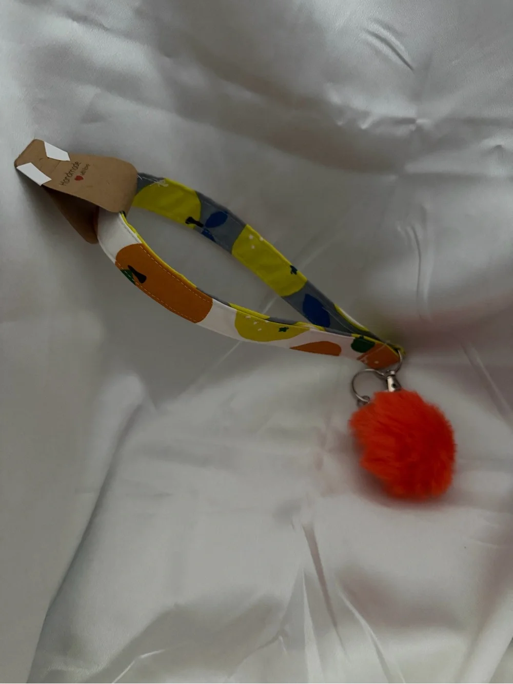 Handmade Orange and Lemon Pattern Wristlet Keychain with Orange Pompom